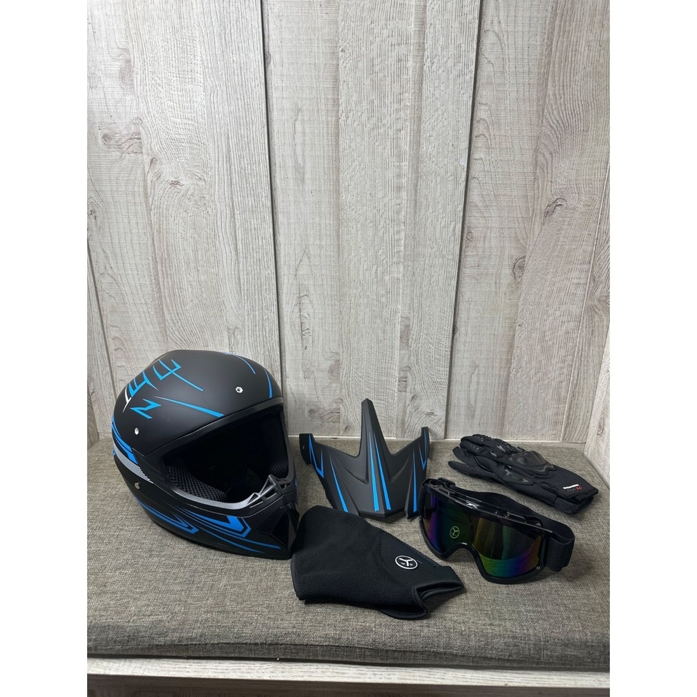 Motorcycle Helmet Set w/ Mask, Goggles & Gloves FMVSS 218 DOT Large Black & Blue